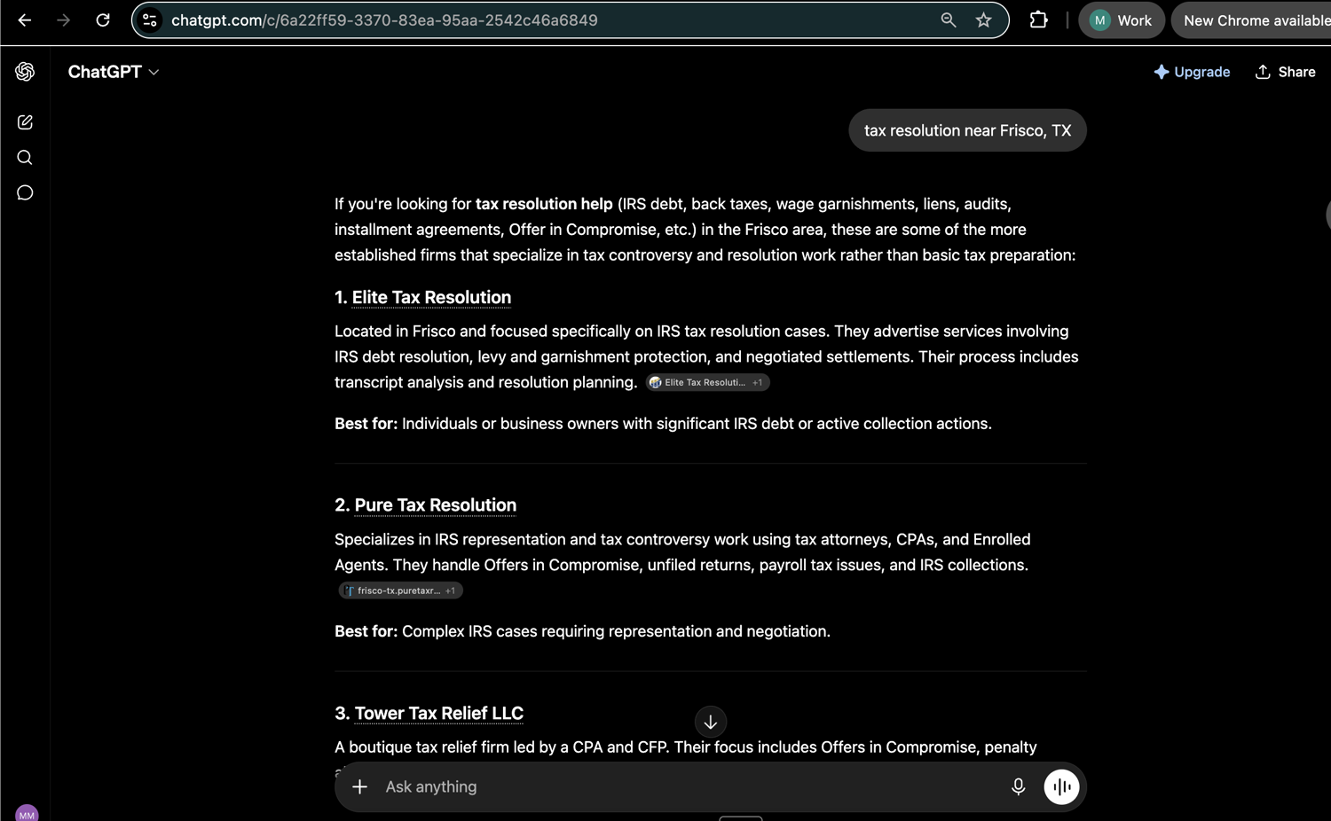 ChatGPT returns Elite Tax Resolution as the #1 result for tax resolution near Frisco, TX