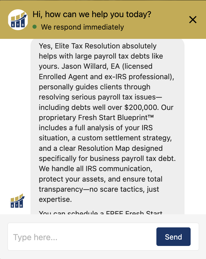 Elite Tax Resolution's on-site AI agent answering a $200K+ payroll tax debt inquiry in real time